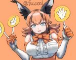  1girl animal_costume animal_ear_fluff animal_ears blue_eyes bow bowtie caracal_(kemono_friends) caracal_ears elbow_gloves foo_seal gloves kemono_friends kemono_friends_v_project long_hair looking_at_viewer lowres microphone multicolored_hair open_mouth orange_hair shirt skirt sleeveless sleeveless_shirt smile solo virtual_youtuber 