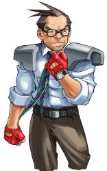  1boy absurdres adjusting_collar armor balding belt brown_hair clenched_hand collared_shirt edaki_shin&#039;ya fingerless_gloves game_cg glasses gloves highres looking_to_the_side male_focus necktie non-web_source official_art pants project_justice red_gloves rival_schools shimazu_hideo shirt shoulder_armor simple_background sleeves_rolled_up solo striped_necktie teacher watch watch white_background 