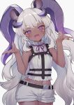  1girl animal_ear_fluff animal_ears arms_up character_request dark-skinned_female dark_skin demon_girl demon_horns eyebrows_visible_through_hair fangs fushimi_sameta grey_hair highres horns long_hair midriff navel open_mouth pink_eyes project_blue_(vtuber) shirt short_shorts shorts sleeveless sleeveless_shirt smile solo thighs virtual_youtuber white_shirt white_shorts 