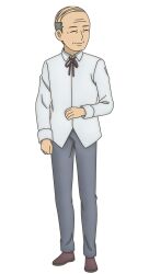  1boy anime_coloring balding closed_eyes closed_mouth collared_shirt dungeon_no_naka_no_hito full_body grey_hair grey_pants lanhiringe_(dungeon_no_naka_no_hito) looking_at_viewer mature_male nakayama_yumi neck_ribbon official_art pants red_ribbon ribbon shirt shoes short_hair simple_background sleeves_rolled_up smile solo standing transparent_background untucked_shirt very_short_hair white_shirt 