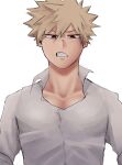  1boy bakugou_katsuki blonde_hair boku_no_hero_academia collared_shirt highres looking_at_viewer male_focus red_eyes sabizarts shirt simple_background solo spiky_hair teeth upper_body white_background white_shirt 