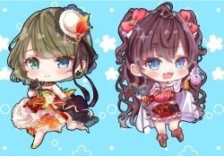  2girls black_hat blue_background blue_eyes book boots bow brown_boots brown_hair chibi cloak comiket_96 dress floral_background fold-over_boots green_eyes green_hair hair_bow hat heterochromia holding holding_book ichinose_shiki idolmaster idolmaster_cinderella_girls knee_boots long_hair multiple_girls open_book orange_skirt potion red_bow red_dress red_skirt rino_cnc skirt takagaki_kaede tilted_headwear two_side_up unworn_hat unworn_headwear very_long_hair white_cloak white_hat 