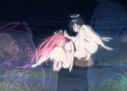  2girls alien_stage angel_wings barefoot black_hair chinese_commentary coldmeow commentary dress english_text fake_halo feathers halo highres holding holding_feather long_dress long_hair long_sleeves mizi_(alien_stage) multiple_girls pink_hair short_hair short_sleeves squatting sua_(alien_stage) very_long_hair white_dress white_wings wings yellow_eyes zoom_layer 