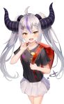  1girl :d ahoge backpack bag bangs black_shirt blush braid cowboy_shot crime_prevention_buzzer demon_horns fang grey_hair hair_between_eyes hair_ornament hairclip highres hololive horns la+_darknesss long_hair looking_at_viewer miniskirt multicolored_hair pleated_skirt pointy_ears print_shirt purple_hair randoseru shirt short_sleeves shuvi_(shuvi1125) simple_background skin_fang skirt smile solo standing streaked_hair twintails very_long_hair virtual_youtuber white_background white_skirt x_hair_ornament yellow_eyes 