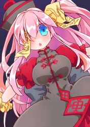  1girl black_dress black_hat blue_eyes breasts dress emil_chronicle_online hair_over_one_eye hat highres jiangshi large_breasts long_hair ofuda pink_hair side_ponytail specter_alma two-tone_dress yusa_yuyu 