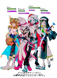  1other 3girls alternate_costume alternate_footwear animal_on_shoulder aozukikawasemi bandaged_leg bandaged_wrist bandages black_boots black_gloves black_hair black_leggings black_sandals black_shoes black_suspenders black_veil blue_eyes boots brown_hair cape chest_(furniture) cloak closed_eyes closed_mouth colored_inner_hair copyright_name dress ear_piercing fastening_(zutomayo) frown gloves goggles goggles_on_head green_hair grey_eyes grey_shirt hat hedgehog highres holding holding_chest holding_staff holding_sword holding_weapon hood hood_up hooded_cloak kettobashita_moufu_(zutomayo) layered_sleeves leggings long_sleeves magician multicolored_hair multiple_girls navel neko_reset_(zutomayo) nira-chan nira-chan_(kettobashita_moufu)_(zutomayo) nira-chan_(nurse)_(neko_reset)_(zutomayo) nira-chan_(seigi)_(zutomayo) nun open_mouth orange_cape orange_eyes orange_gloves piercing pink_hair pink_trim robe sandals seigi_(zutomayo) shirt shoes short_hair short_over_long_sleeves short_sleeves smile socks staff suspenders sword teiketsu_(zutomayo) thief top_hat torn_clothes two-tone_hair uniguri_(zutomayo) veil weapon white_background white_boots white_cloak white_dress white_hair white_hat white_robe white_socks wide_sleeves zutto_mayonaka_de_ii_no_ni 