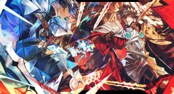  2boys absurdres armor black_gloves black_hair blue_cloak blue_eyes charlemagne_(fate) charlemagne_(first_ascension)_(fate) charlemagne_(third_ascension)_(fate) chinese_commentary cloak commentary_request commission dual_persona eeju fate/grand_order fate_(series) gloves gold_armor hair_between_eyes highres joyeuse_ordre_(fate) male_focus multicolored_hair multiple_boys pauldrons red_eyes rerebrace second-party_source short_hair shoulder_armor streaked_hair two-sided_cloak two-sided_fabric two-tone_hair white_armor white_cloak white_hair 