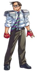  1boy absurdres armor balding belt breast_pocket brown_hair collared_shirt edaki_shin&#039;ya fingerless_gloves full_body game_cg glasses gloves highres looking_to_the_side male_focus necktie non-web_source official_art pants pocket project_justice red_gloves rival_schools shimazu_hideo shirt shoulder_armor simple_background sleeves_rolled_up solo standing striped_necktie teacher watch watch white_background 