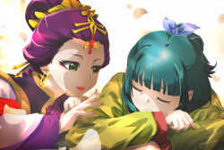  2girls absurdres arms_on_table blunt_bangs bow chinese_clothes earrings freckles green_hair green_hanfu hair_bow hair_bun hair_ornament hairpin hanfu highres jewelry kusuriya_no_hitorigoto looking_at_another loulan_(kusuriya_no_hitorigoto) maomao_(kusuriya_no_hitorigoto) multiple_girls purple_hair sengoku_chidori shaded_face sidelocks simple_background sleeping yellow_eyes 