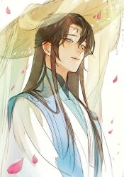 1boy bishounen blue_eyes blue_hanfu brown_hair chinese_clothes circlet commentary english_commentary erha_he_ta_de_bai_mao_shizun falling_petals hair_between_eyes hanfu hat high_collar kkcoocool long_hair long_sleeves looking_at_viewer male_focus parted_lips petals pink_petals rice_hat shi_mei solo two-tone_hanfu upper_body veil white_background white_hanfu 