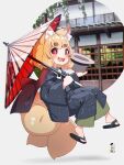  1girl :d animal_ear_fluff animal_ears bangs black_coat black_footwear blonde_hair blush brown_headwear coat commentary_request eyebrows_visible_through_hair fang fox_ears fox_girl fox_tail full_body green_kimono grey_background hat hat_removed headwear_removed highres holding holding_clothes holding_hat holding_umbrella indie_virtual_youtuber japanese_clothes kamiya_ris kimono kitsune kuro_kosyou long_sleeves looking_at_viewer oil-paper_umbrella red_eyes red_umbrella short_eyebrows smile solo tail thick_eyebrows umbrella virtual_youtuber wide_sleeves zouri 