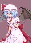  1girl :d \||/ ascot bat_wings blue_hair bow brooch fang fangs frills hat hat_ribbon highres jewelry kakone looking_at_viewer mob_cap open_mouth outline pointy_ears puffy_short_sleeves puffy_sleeves purple_background red_eyes remilia_scarlet ribbon sash shirt short_hair short_sleeves simple_background skirt skirt_set slit_pupils smile solo touhou white_outline wings wrist_cuffs 