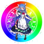1girl absurdres ahoge animal_ears black_legwear blue_hair bow cat_ears cat_tail food fruit hat hat_removed headwear_removed highres hinanawi_tenshi holding holding_clothes holding_hat kemonomimi_mode long_hair long_skirt looking_to_the_side mitaojiu_(wumiaoxiao_mengjiu) pantyhose peach puffy_sleeves rainbow_gradient red_bow red_eyes short_sleeves skirt solo tail touhou very_long_hair