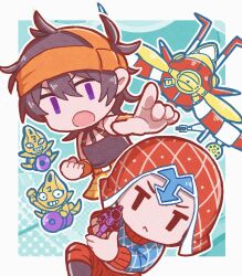  2boys :&lt; aerosmith_(stand) belt brown_hair bullet chibi commentary_request guido_mista gun hat headband highres holding holding_gun holding_weapon jitome jojo_no_kimyou_na_bouken kasasagi_(hinagi) long_sleeves male_focus multiple_boys narancia_ghirga open_mouth pointing sex_pistols_(stand) shirt skirt sleeveless sleeveless_shirt stand_(jojo) sweatband sweater vento_aureo violet_eyes weapon 
