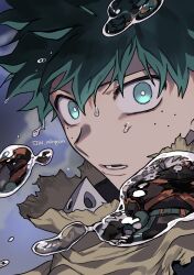  1boy absurdres bakugou_katsuki boku_no_hero_academia bright_pupils cloak freckles green_eyes green_hair highres looking_at_viewer male_focus midoriya_izuku misa_(jjin_miryeon) outdoors parted_lips reflection reflective_water short_hair solo torn_cloak torn_clothes twitter_username upper_body water_drop white_pupils 