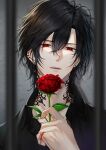  1boy absurdres bangs bars black_hair black_shirt blurry collarbone depth_of_field drop_shadow earclip earrings flower glint grey_background hair_between_eyes half-closed_eyes hand_up highres holding holding_flower jewelry looking_at_viewer male_focus mutsuki_ry neck_tattoo original parted_lips portrait prison_cell red_eyes red_flower red_rose rose shirt short_hair signature solo string string_of_fate stud_earrings tattoo 