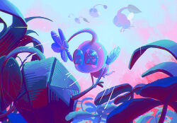  black_skin blue_eyes blue_sky blush_stickers clouds colored_skin creature creature_focus face-to-face flower flying from_behind happy highres holding_another&#039;s_wrist insect_wings leaf looking_at_another no_humans no_mouth outdoors palm_leaf pikmin_(creature) pikmin_(series) pink_skin purple_flower rock rock_pikmin sky solid_circle_eyes winged_pikmin wings yu_pikmin 