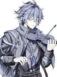  1boy :| absurdly_long_hair absurdres antenna_hair belt black_belt black_jacket black_shirt blue_gemstone blue_hair bow_(music) closed_mouth collared_jacket commentary_request cowboy_shot double-parted_bangs empty_eyes fingernails flins_(genshin_impact) gem genshin_impact highres holding holding_instrument holding_violin instrument jacket koumimi long_hair long_sleeves looking_to_the_side male_focus music parted_bangs playing_instrument shirt sideways_glance simple_background sleeve_cuffs solo very_long_hair violin white_background yellow_eyes 