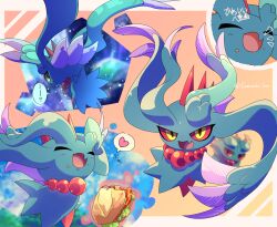  :o closed_eyes colored_sclera commentary_request fang flutter_mane food food_on_face heart highres misdreavus no_humans open_mouth pokemon pokemon_(creature) pokemon_focus red_eyes red_sclera sandwich skin_fang smile speech_bubble spoken_heart telekinesis white_001 yellow_eyes yellow_sclera 