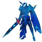 1boy absurdres alternate_costume alternate_form armor asymmetrical_armor blue_cape blue_scarf blue_theme cape capelet catball1994 commentary_request dragon full_body highres holding holding_sword holding_weapon kamen_rider kamen_rider_saber kamen_rider_saber_(series) kamen_rider_xross_saber lamp lion male_focus mask official_alternate_costume rider_belt scarf simple_background sparkle sword weapon white_background white_eyes 