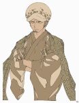  1boy crossed_arms facial_hair frown hat highres japanese_clothes kimono male_focus muted_color one_piece solo trafalgar_law ufkqz white_background 