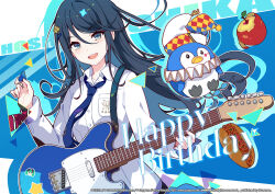 1girl :d ano_hi_mita_yozora_wa_itsuka_no_mirai_e_(project_sekai) apple bass_guitar black_hair blue_eyes blue_necktie character_name chinese_commentary collared_shirt commentary_request copyright_notice food fruit guest_art happy_birthday hatsune_miku highres holding holding_plectrum hoshino_ichika_(project_sekai) ideolo instrument looking_at_viewer necktie official_alternate_costume official_art phenny_(project_sekai) plectrum pocket project_sekai second-party_source shirt smile solo star_(symbol) sticker teeth tongue triangle upper_teeth_only vocaloid white_shirt 