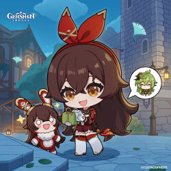  2girls absurdres amber_(genshin_impact) baron_bunny_(genshin_impact) belt belt_pouch boots box brown_belt brown_hair building chibi clouds collei_(genshin_impact) commentary copyright_name crossed_bangs dot_nose english_commentary genshin_impact gift gift_box gloves green_hair hair_between_eyes high_heel_boots high_heels highres holding holding_gift long_hair long_sleeves multiple_girls night night_sky official_art open_mouth orange_eyes paper pouch red_ribbon ribbon short_shorts shorts shrug_(clothing) sky smile spoken_character standing stone_floor thigh_boots tree very_long_hair vision_(genshin_impact) white_boots white_gloves 