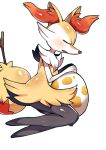  1girl absurdres animal_ear_fluff animal_ears animal_hands animal_nose black_fur blush body_fur braixen breasts closed_eyes commentary egg fox_ears fox_girl fox_tail full_body fur_collar furry furry_female highres multicolored_fur open_mouth pokemon pokemon_(creature) pokemon_egg ppoyu simple_background small_breasts snout solo stick tail white_background white_fur yellow_fur 