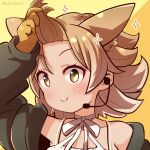  1girl animal_costume animal_ear_fluff animal_ears black_jacket blonde_hair choker closed_mouth coroha coyote_(kemono_friends) coyote_ears coyote_girl gloves jacket kemono_friends kemono_friends_v_project looking_at_viewer microphone open_clothes open_jacket shirt short_hair smile solo virtual_youtuber yellow_eyes yellow_gloves 