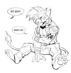  1boy animal_ears animal_nose arm_tattoo artofkurzweil bandaid bandaid_on_cheek bandaid_on_face barefoot biceps claws clenched_teeth collar denim english_commentary english_text fiery_tail final_fantasy final_fantasy_vii furry furry_male highres jeans looking_at_another looking_to_the_side male_focus monochrome muscular muscular_male open_clothes open_vest pants pawpads pectoral_cleavage pectorals red_xiii roman_numeral scar scar_on_cheek scar_on_face sitting speech_bubble spiked_collar spikes spiky_hair tail tattoo teeth torn_clothes torn_jeans torn_pants torn_sleeves vest 