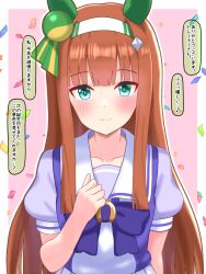  1girl animal_ears blunt_bangs blunt_sidelocks blush border bow bowtie closed_mouth collarbone commentary_request ear_covers hairband hand_up highres horse_ears horse_girl long_hair looking_at_viewer orange_hair outline outside_border peruninjin pink_background purple_bow purple_bowtie purple_shirt sailor_collar school_uniform shirt short_sleeves sidelocks silence_suzuka_(umamusume) simple_background smile solo summer_uniform tracen_school_uniform translation_request umamusume upper_body white_border white_hairband white_outline white_sailor_collar 