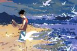  1boy bird black_hair from_side hat hat_removed headwear_removed highres male_focus monkey_d._luffy ocean one_piece outdoors seagull shangsiii shorts sleeveless solo straw_hat 
