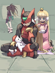  1boy 2girls alouette_(mega_man) android armor blonde_hair blue_eyes blunt_bangs brushing_another's_hair brushing_hair ciel_(mega_man) cyber_elf_(mega_man) dress gloves hair_brush helmet highres long_hair mega_man_(series) mega_man_zero_(series) multiple_girls omochi_(mochi_skymega) open_mouth pink_dress ponytail robot_ears sitting skirt stuffed_animal stuffed_cat stuffed_toy zero(z)_(mega_man) zero_(mega_man) 