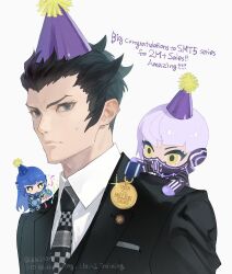  1boy adam&#039;s_apple black_hair black_jacket black_necktie blue_eyes blue_hair blue_hat character_doll checkered_necktie closed_mouth collared_shirt commentary_request congratulations doll english_text glint gold_medal hair_slicked_back hat highres jacket koshimizu_hayao lapel_pin lapels long_hair looking_at_viewer male_focus mask medal mouth_mask necktie notched_lapels party_hat portrait protagonist_(smtv) purple_hair purple_hat shin_megami_tensei shin_megami_tensei_v shin_megami_tensei_v:_vengeance shirt short_hair simple_background spiky_hair suit_jacket twitter_username white_background white_shirt widow&#039;s_peak wing_collar yellow_eyes za210n 