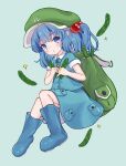  1girl bag bananannu bangs blue_eyes blue_footwear blue_hair blue_skirt blue_vest blush boots collared_shirt cucumber eyebrows_visible_through_hair flying food frills green_background green_bag green_headwear hair_between_eyes hair_bobbles hair_ornament hands_up hat highres kawashiro_nitori key key_necklace looking_at_viewer open_mouth shirt short_sleeves short_twintails simple_background sitting skirt solo star_(symbol) touhou twintails vegetable vest white_shirt 
