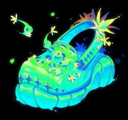 black_background blue_eyes colored_skin creature creature_focus crocs flower flying ghost_tail glow_pikmin green_shoes green_skin green_theme highres holding holding_star light_particles lying no_humans no_mouth on_back oversized_object pikmin_(creature) pikmin_(series) shoes simple_background solid_circle_eyes star_(symbol) yellow_flower yu_pikmin 
