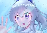  1girl absurdres bangs blue_background bright_pupils close-up eyebrows_visible_through_hair grey_hair gurajio highres long_hair looking_at_viewer mononobe_no_futo open_mouth ponytail solo touhou violet_eyes water_drop white_pupils 