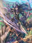  4boys armor battle bisaiiiii black_armor blue_eyes blue_hair cape dragon fingerless_gloves fire_emblem fire_emblem_cipher flying galle_(fire_emblem) gloves headband holding holding_polearm holding_weapon long_hair multiple_boys official_art open_mouth pauldrons polearm purple_cape reins serious shiny shiny_hair shoulder_armor spear spikes teeth temple tree vambraces weapon wings wyvern 