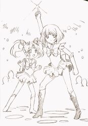  2girls bishoujo_senshi_sailor_moon blunt_bangs blunt_ends boots bow brooch chibi_usa cone_hair_bun dance_floor dancing disco double_bun earrings elbow_gloves gloves hair_bun hair_ornament heart heart_brooch high_heel_boots high_heels highres himehachi_(hime8manga) jewelry multiple_girls pointing sailor_chibi_moon sailor_collar sailor_saturn sailor_senshi_uniform short_hair star_(symbol) star_earrings tomoe_hotaru twintails white_gloves 