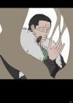  1boy ascot black_hair coat crocodile_(one_piece) fur-trimmed_coat fur_trim hair_slicked_back hand_up highres male_focus one_piece sand scar scar_on_face smoking solo ufkqz 