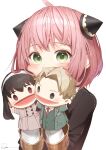  1girl anya_(spy_x_family) bangs blush child cone_hair_bun covering_mouth female_child green_eyes hair_bun hand_puppet highres long_sleeves looking_at_viewer medium_hair pink_hair puppet ryota_(ry_o_ta) signature simple_background solo spy_x_family twilight_(spy_x_family) white_background yor_briar 
