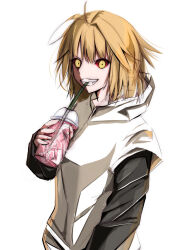  1girl ahoge alternate_costume arcueid_brunestud breasts colored_sclera cup drinking drinking_straw floating_hair highres hood hoodie kishishi_(kishiman-ya) looking_at_viewer mystic_eyes mystic_eyes_of_enchantment red_arcueid red_sclera short_hair sleeveless sleeveless_hoodie smile tsukihime tsukihime_(remake) white_hoodie yellow_eyes 