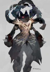  absurdres dated feet_out_of_frame grey_background highres lucario mega_lucario no_humans pokemon pokemon_(creature) red_eyes shaded_face signature simple_background solo sukepmonster 