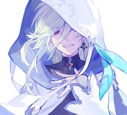  1boy bell_sleeves black_shirt brooch cloak commentary earrings gem granblue_fantasy hair_between_eyes hand_on_own_chest hood hood_over_one_eye hood_up hooded_cloak jewelry long_hair long_hair_between_eyes long_sleeves male_focus morgan_(granblue_fantasy) one_eye_covered parted_lips red_eyes red_gemstone ring shirt simple_background single_earring sleeves_past_wrists smile solo story_clear straight-on turtleneck turtleneck_shirt upper_body white_background white_cloak 