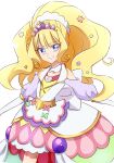  1girl blonde_hair blue_eyes brooch commentary_request corset cure_finale delicious_party_precure dress eyelashes fpminnie1 hair_ornament happy heart_brooch highres jewelry kasai_amane looking_at_viewer magical_girl multicolored_clothes precure simple_background sketch smile solo standing tiara white_background 