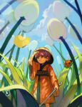  1girl :&lt; bowl bowl_hat bug butterfly chinese_commentary closed_mouth clouds commentary day dew_drop feet_out_of_frame flower grass hand_up hat highres holding holding_needle japanese_clothes kimono ladybug lens_flare long_sleeves looking_afar miko_(15476997) minigirl needle outdoors purple_hair red_kimono short_hair sky solo sukuna_shinmyoumaru touhou violet_eyes water_drop white_flower wide_sleeves yellow_butterfly 