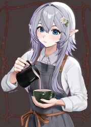 1girl blue_eyes coffee coffee_cup coffee_mug elf elf_ears elfe grey_hair original_character tagme white_hair