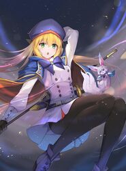  1girl artoria_caster_(fate) artoria_caster_(second_ascension)_(fate) artoria_pendragon_(fate) beret blush fate/grand_order fate_(series) fou_(fate) full_body hat legs long_hair looking_at_viewer shirt sora_no_tori white_shirt 