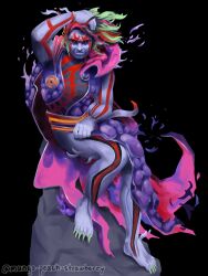  1boy arm_behind_head barefoot black_sclera colored_sclera colored_skin facial_mark fine_art_parody full_body green_hair hades_(kid_icarus) highres kid_icarus kid_icarus_uprising looking_at_viewer male_focus mango-peach-strawberry multicolored_hair parody purple_skin red_eyes red_hair sharp_toenails sitting solo toenails tumblr_username two-tone_hair 