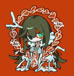  1boy antler_ring antlers aqua_eyes bakori514_(h_akka) black_eyes black_hair blood chibi chinese_clothes eastern_dragon_horns full_body fur_trim hanfu heterochromia hong_lu_(project_moon) horn_ornament horn_ring horns limbus_company long_hair looking_at_viewer male_focus project_moon red_background simple_background single_antler single_horn smile solo standing tears_of_the_tarnished_blood_(e.g.o) two-tone_hanfu white_hanfu 